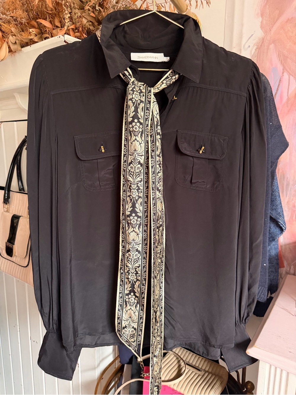 Zimmermann Black Silk Tie-Neck Shirt Jacket